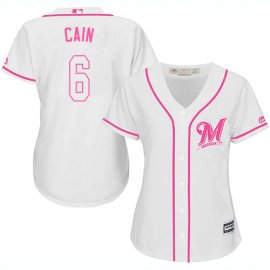 Milwaukee Brewers #6 Lorenzo Cain White/Pink Fashion Womens Stitched MLB Jersey
