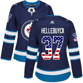Adidas Winnipeg Jets #37 Connor Hellebuyck Navy Blue Home Authentic USA Flag Womens Stitched NHL Jersey