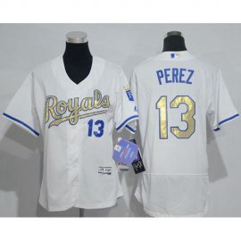 Kansas City Royals #13 Salvador Perez White Flexbase Authentic 2015 World Series Champions Gold Program Cool Base Womens Stitched MLB Jersey