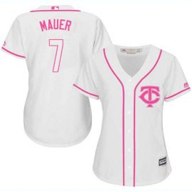 Minnesota Twins #7 Joe Mauer White/Pink Fashion Womens Stitched MLB Jersey