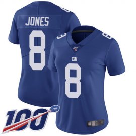 Nike New York Giants #8 Daniel Jones Royal Blue Team Color Womens Stitched NFL 100th Season Vapor Limited Jersey