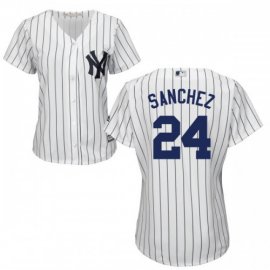 New York Yankees #24 Gary Sanchez White Strip Womens Home Stitched MLB Jersey