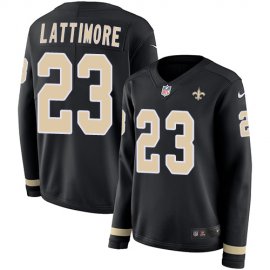 Nike New Orleans Saints #23 Marshon Lattimore Black Team Color Womens Stitched NFL Limited Therma Long Sleeve Jersey