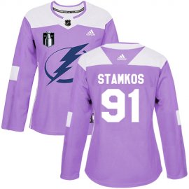 Adidas Tampa Bay Lightning #91 Steven Stamkos Purple Authentic 2022 Stanley Cup Final Patch Womens Fights Cancer Stitched NHL Jersey Womens