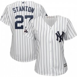 New York Yankees #27 Giancarlo Stanton Majestic Womens 2019 Postseason Official Cool Base Player Jersey White Navy