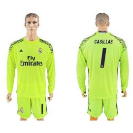 Real Madrid #1 Casillas Shiny Green Goalkeeper Long Sleeves Soccer Club Jersey