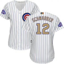 Chicago Cubs #12 Kyle Schwarber White(Blue Strip) 2017 Gold Program Cool Base Womens Stitched MLB Jersey