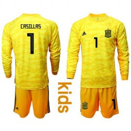 Spain #1 Casillas Yellow Long Sleeves Goalkeeper Kid Soccer Country Jersey