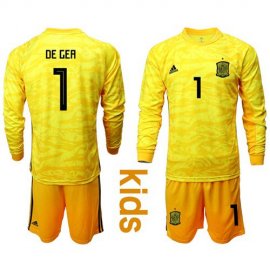 Spain #1 De Gea Yellow Long Sleeves Goalkeeper Kid Soccer Country Jersey