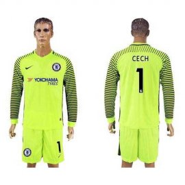 Chelsea #1 Cech Shiny Green Goalkeeper Long Sleeves Soccer Club Jersey