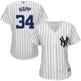 New York Yankees #34 J.A. Happ White Strip Home Womens Stitched MLB Jersey