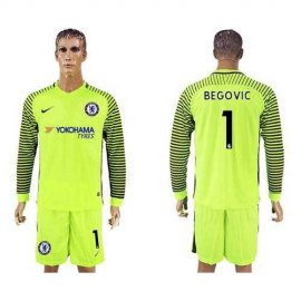 Chelsea #1 Begovic Shiny Green Goalkeeper Long Sleeves Soccer Club Jersey