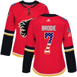 Adidas Calgary Flames #7 TJ Brodie Red Home Authentic USA Flag Womens Stitched NHL Jersey