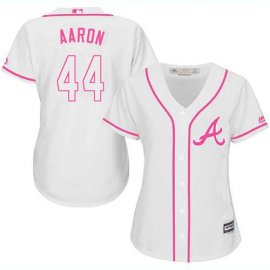Atlanta Braves #44 Hank Aaron White/Pink Fashion Womens Stitched MLB Jersey