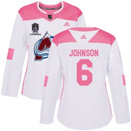 Adidas Colorado Avalanche #6 Erik Johnson White/Pink 2022 Stanley Cup Champions Authentic Fashion Womens Stitched NHL Jersey Womens