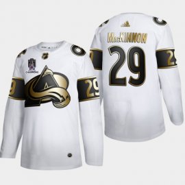 Colorado Colorado Avalanche #29 Nathan MacKinnon Mens 2022 Stanley Cup Champions Adidas White Golden Edition Limited Stitched NHL Jersey Mens