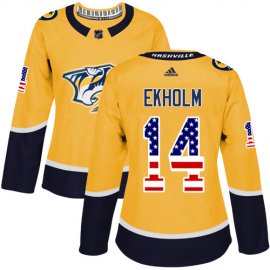 Adidas Nashville Predators #14 Mattias Ekholm Yellow Home Authentic USA Flag Womens Stitched NHL Jersey