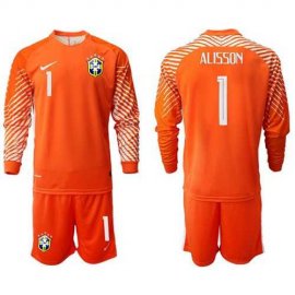 Brazil #1 Alisson Orange Goalkeeper Long Sleeves Soccer Country Jersey