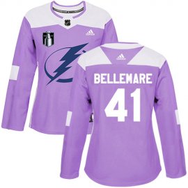 Adidas Tampa Bay Lightning #41 Pierre-Edouard Bellemare Purple Womens Authentic 2022 Stanley Cup Final Patch Fights Cancer Stitched NHL Jersey Womens