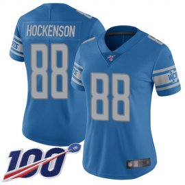 Nike Detroit Lions #88 T.J. Hockenson Blue Team Color Womens Stitched NFL 100th Season Vapor Limited Jersey