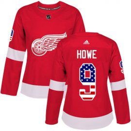 Adidas Detroit Red Wings #9 Gordie Howe Red Home Authentic USA Flag Womens Stitched NHL Jersey