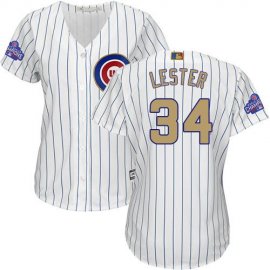 Chicago Cubs #34 Jon Lester White(Blue Strip) 2017 Gold Program Cool Base Womens Stitched MLB Jersey