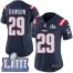 Nike New England Patriots #29 Duke Dawson Navy Blue Super Bowl LIII Bound Womens Stitched NFL Limited Rush Jersey
