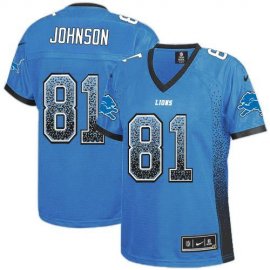 Nike Detroit Lions #81 Calvin Johnson Light Blue Team Color Womens Stitched NFL Elite Drift Fashion Jersey