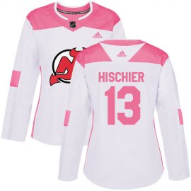 Adidas New Jersey Devils #13 Nico Hischier White/Pink Authentic Fashion Womens Stitched NHL Jersey