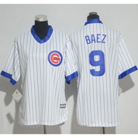 Chicago Cubs #9 Javier Baez White(Blue Strip) Cooperstown Womens Stitched MLB Jersey