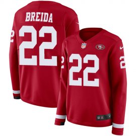 Nike San Francisco 49ers #22 Matt Breida Red Team Color Womens Stitched NFL Limited Therma Long Sleeve Jersey