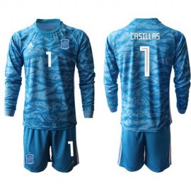 Spain #1 Casillas Blue Goalkeeper Long Sleeves Soccer Country Jersey