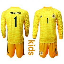 Argentina #1 Caballero Yellow Long Sleeves Goalkeeper Kid Soccer Country Jersey