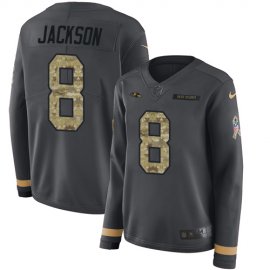 Nike Baltimore Ravens #8 Lamar Jackson Anthracite Salute to Service Womens Stitched NFL Limited Therma Long Sleeve Jersey