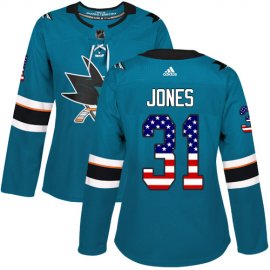 Adidas San Jose Sharks #31 Martin Jones Teal Home Authentic USA Flag Womens Stitched NHL Jersey