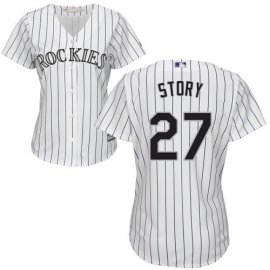 Colorado Rockies #27 Trevor Story White Strip Home Womens Stitched MLB Jersey