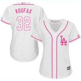 Los Angeles Dodgers #32 Sandy Koufax White/Pink Fashion Womens Stitched MLB Jersey