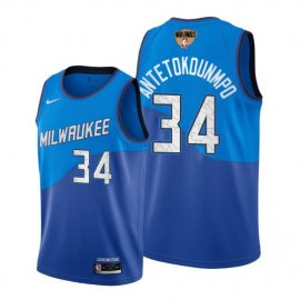 Nike Milwaukee Bucks #34 Giannis Antetokounmpo Mens 2021 NBA Finals Bound City Edition Jersey Blue Mens