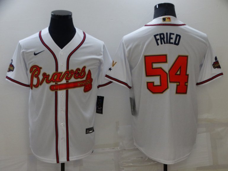 Braves 54 Max Fried White 2022 Gold Program Nike Cool Base Jersey Braves 54 Max Fried White 2022 Gold Program Nike Cool Base Jersey