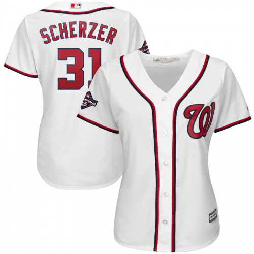 Washington Nationals #31 Max Scherzer Majestic Womens 2019 World Series Champions Home Cool Base Patch Player Jersey White Washington Nationals #31 Max Scherzer Majestic Womens 2019 World Series Champions Home Cool Base Patch Player Jersey White