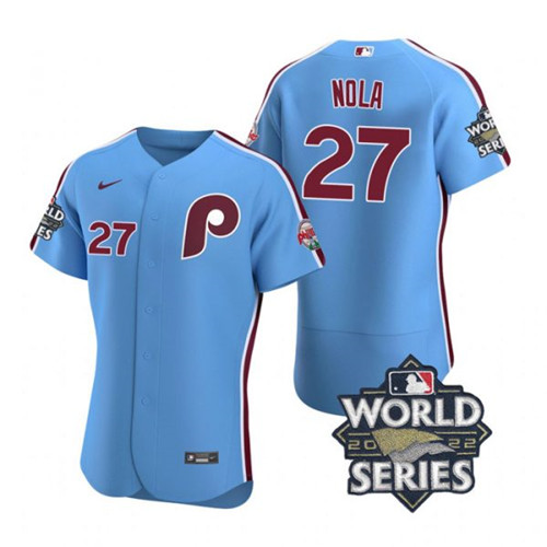 Phillies 27 Aaron Nola Blue Nike 2022 World Series Flexbase Jersey Phillies 27 Aaron Nola Blue Nike 2022 World Series Flexbase Jersey