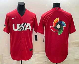 Mens USA Baseball 2023 Red World Big Logo With Patch Classic Stitched Jersey Mens USA Baseball 2023 Red World Big Logo With Patch Classic Stitched Jersey