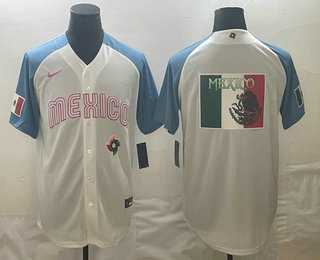Mens Mexico Baseball 2023 White Blue World Big Logo Classic Stitched Jerseys Mens Mexico Baseball 2023 White Blue World Big Logo Classic Stitched Jerseys