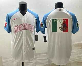 Mens Mexico Baseball Big Logo 2023 White Blue World Classic Stitched Jersey3 Mens Mexico Baseball Big Logo 2023 White Blue World Classic Stitched Jersey3