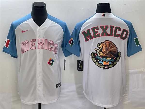 Mens Mexico Baseball 2023 White Blue Team Big Logo World Baseball Classic Stitched Jersey Mens Mexico Baseball 2023 White Blue Team Big Logo World Baseball Classic Stitched Jersey