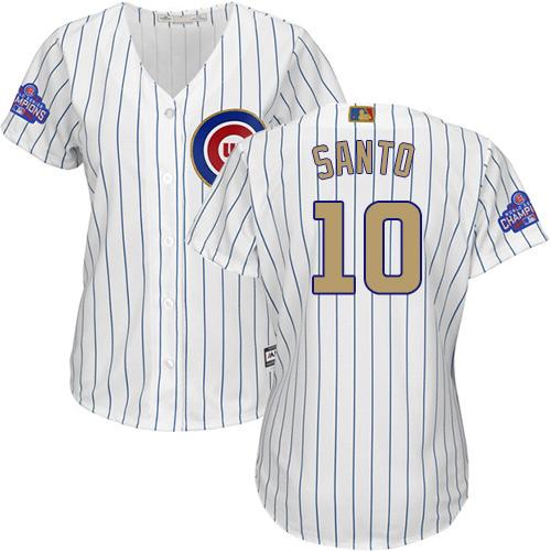 Chicago Cubs #10 Ron Santo White(Blue Strip) 2017 Gold Program Cool Base Womens Stitched MLB Jersey Chicago Cubs #10 Ron Santo White(Blue Strip) 2017 Gold Program Cool Base Womens Stitched MLB Jersey