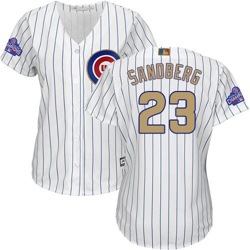 Chicago Cubs #23 Ryne Sandberg White(Blue Strip) 2017 Gold Program Cool Base Womens Stitched MLB Jersey Chicago Cubs #23 Ryne Sandberg White(Blue Strip) 2017 Gold Program Cool Base Womens Stitched MLB Jersey