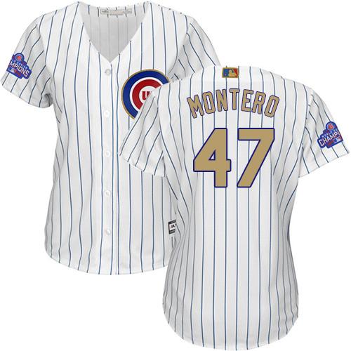 Chicago Cubs #47 Miguel Montero White(Blue Strip) 2017 Gold Program Cool Base Womens Stitched MLB Jersey Chicago Cubs #47 Miguel Montero White(Blue Strip) 2017 Gold Program Cool Base Womens Stitched MLB Jersey