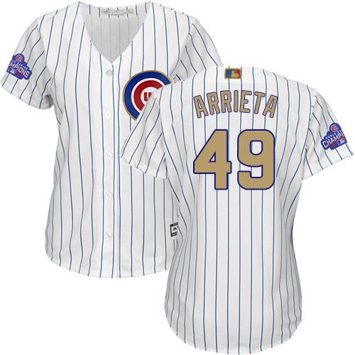 Chicago Cubs #49 Jake Arrieta White(Blue Strip) 2017 Gold Program Cool Base Womens Stitched MLB Jersey Chicago Cubs #49 Jake Arrieta White(Blue Strip) 2017 Gold Program Cool Base Womens Stitched MLB Jersey