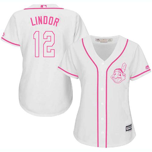 Cleveland Indians #12 Francisco Lindor White/Pink Fashion Womens Stitched MLB Jersey Cleveland Indians #12 Francisco Lindor White/Pink Fashion Womens Stitched MLB Jersey